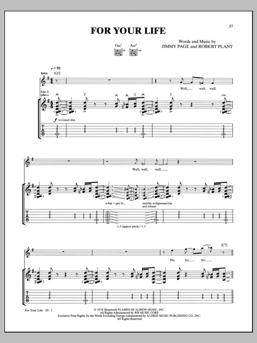 Led Zeppelin For Your Life sheet music notes and chords arranged for Guitar Tab