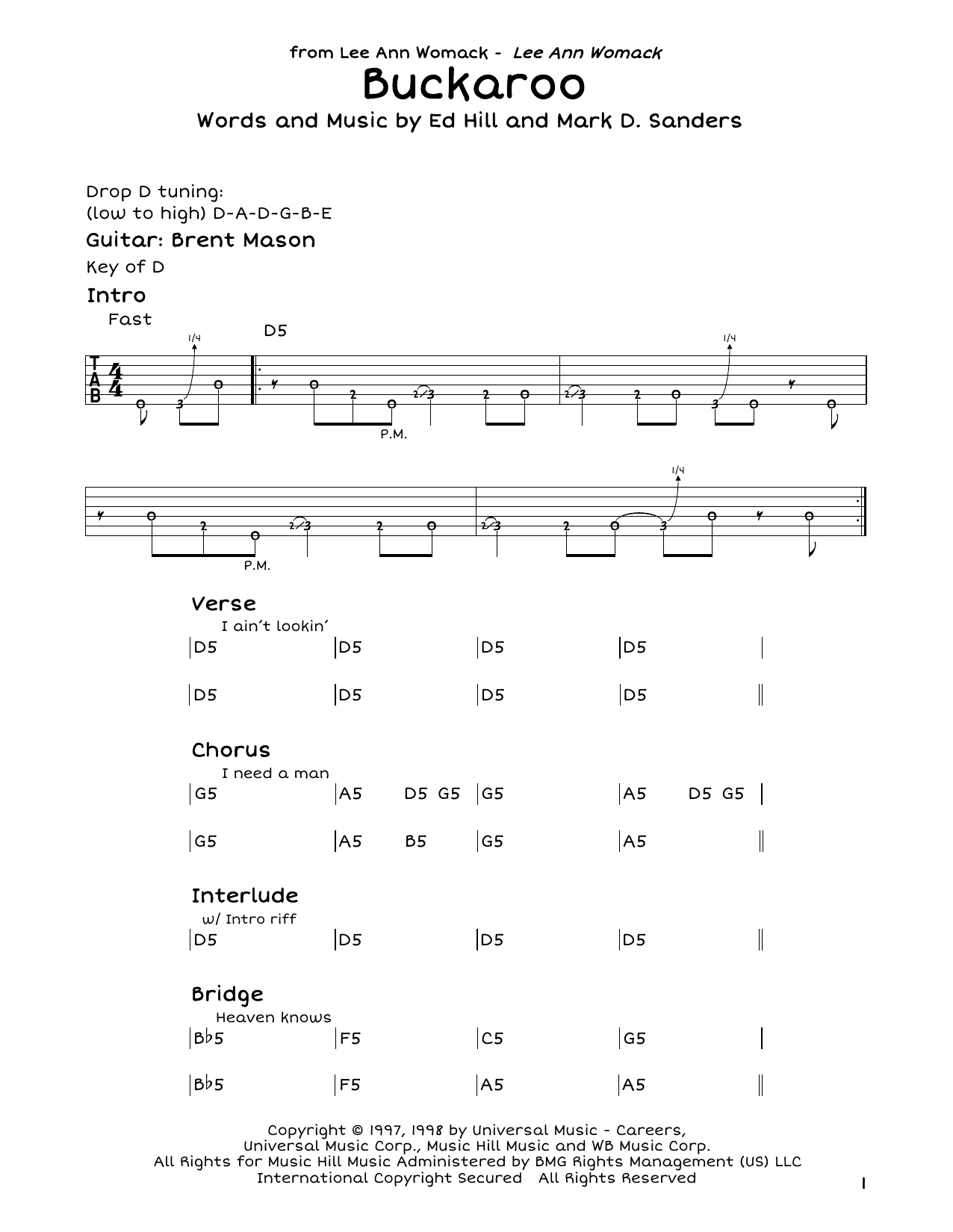 Lee Ann Womack Buckaroo sheet music notes and chords arranged for Guitar Lead Sheet