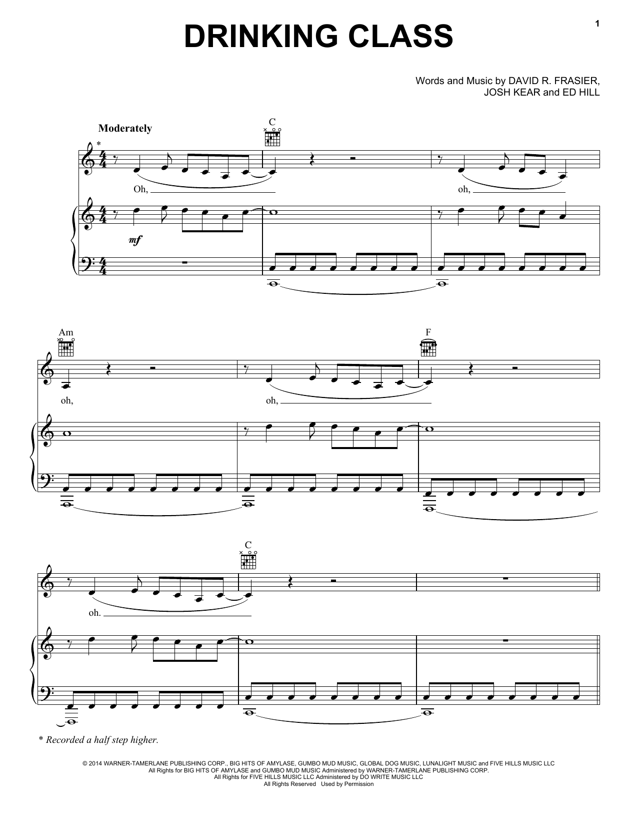 Lee Brice Drinking Class sheet music notes and chords arranged for Piano, Vocal & Guitar Chords (Right-Hand Melody)