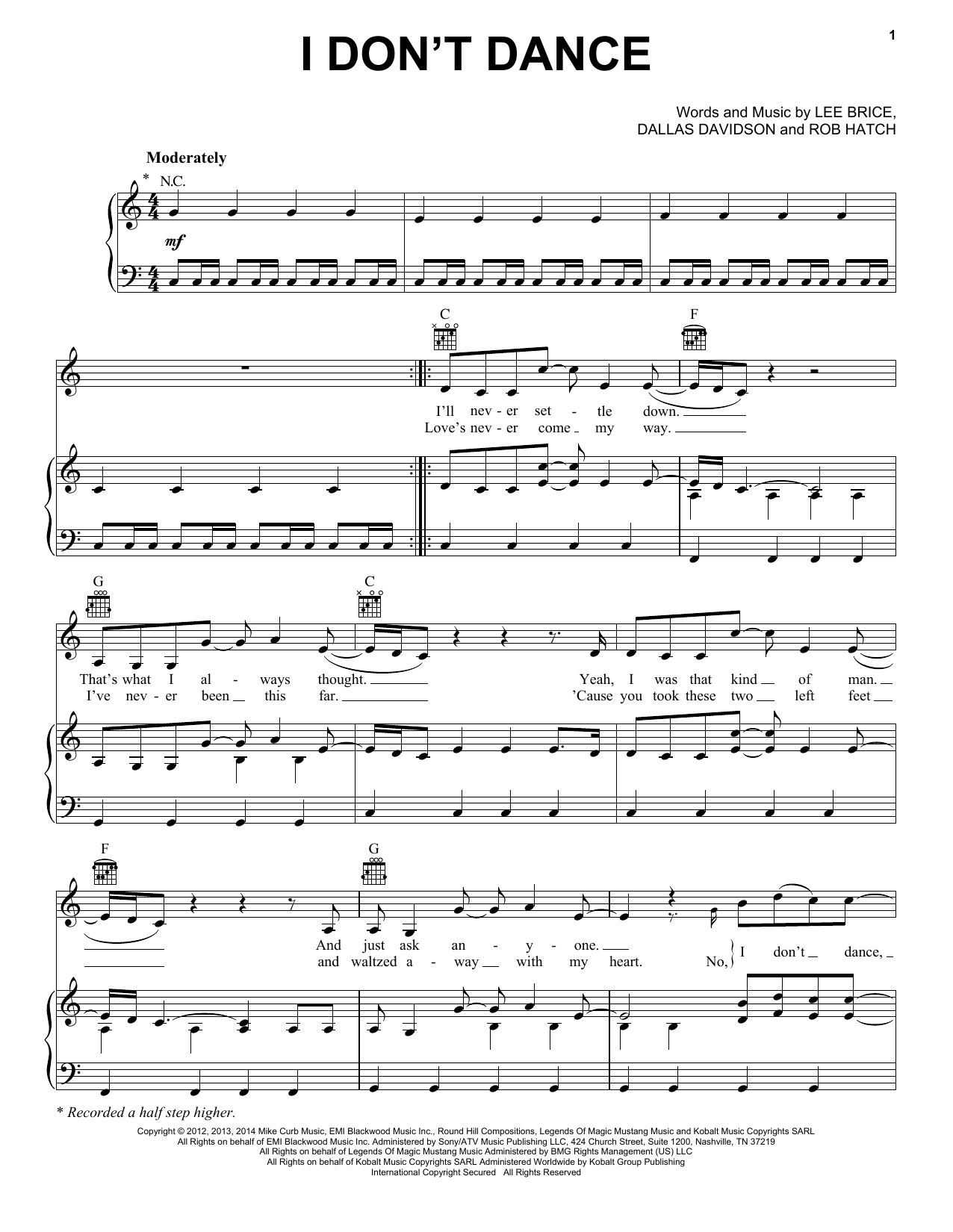 Lee Brice I Don't Dance sheet music notes and chords arranged for Piano, Vocal & Guitar Chords (Right-Hand Melody)