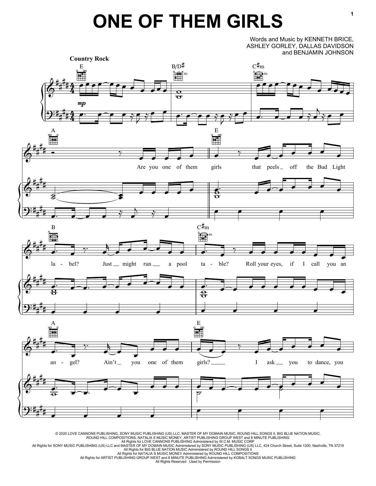Lee Brice One Of Them Girls sheet music notes and chords arranged for Piano, Vocal & Guitar Chords (Right-Hand Melody)