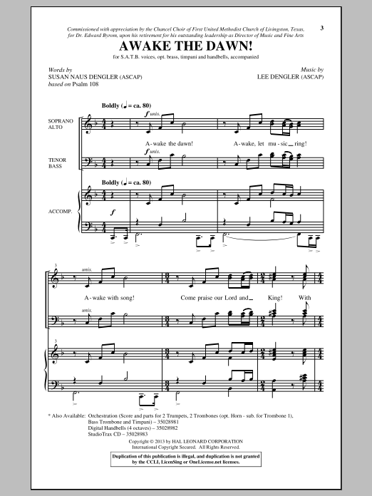 Lee Dengler Awake The Dawn! sheet music notes and chords arranged for SATB Choir