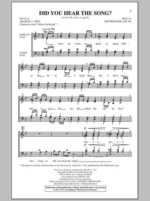 Lee Dengler Did You Hear The Song? sheet music notes and chords arranged for SATB Choir