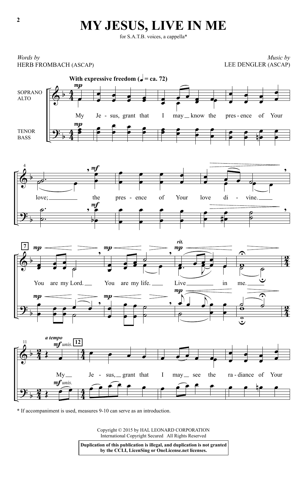 Lee Dengler My Jesus, Live In Me sheet music notes and chords arranged for SATB Choir