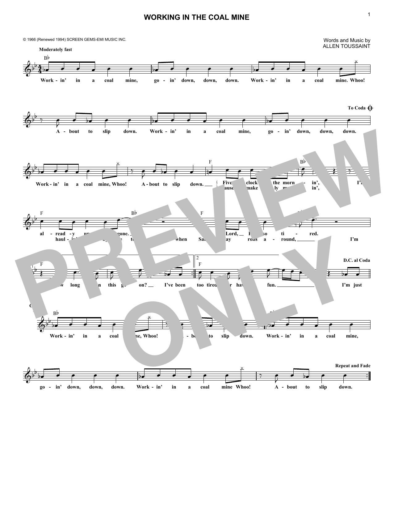 Lee Dorsey Working In The Coal Mine sheet music notes and chords arranged for Real Book – Melody & Chords