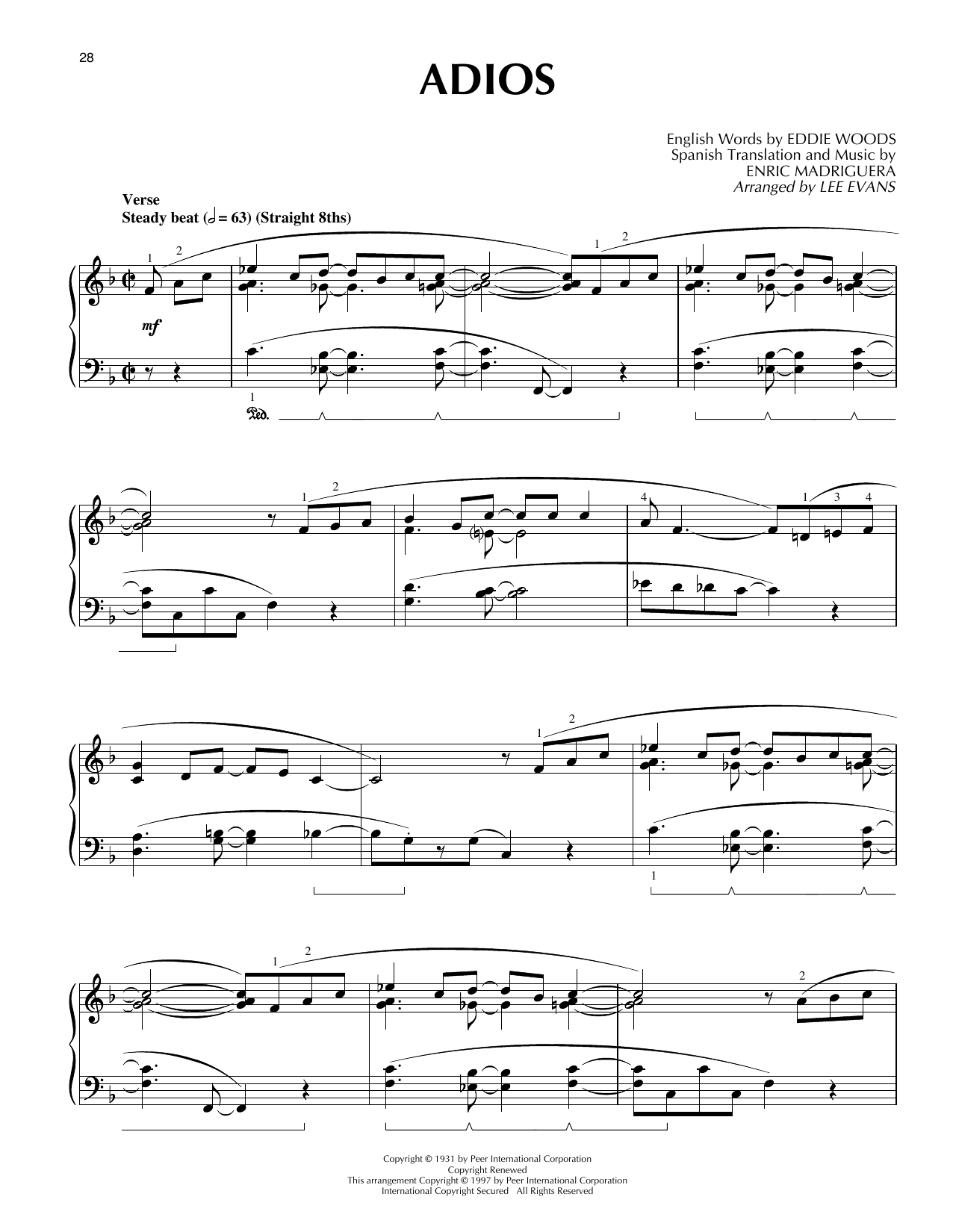 Lee Evans Adios sheet music notes and chords arranged for Piano Solo