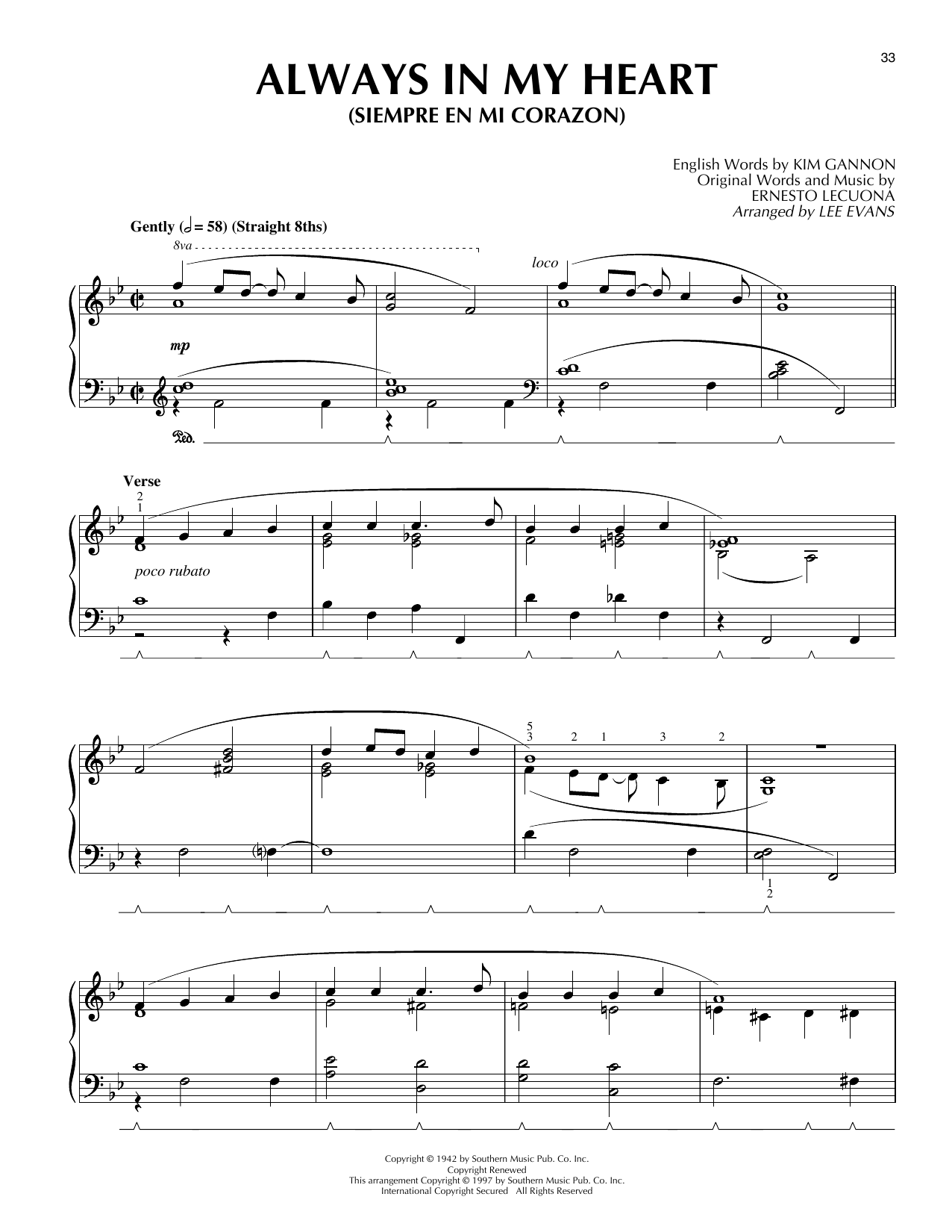 Lee Evans Always In My Heart (Siempre En Mi Corazon) sheet music notes and chords arranged for Piano Solo