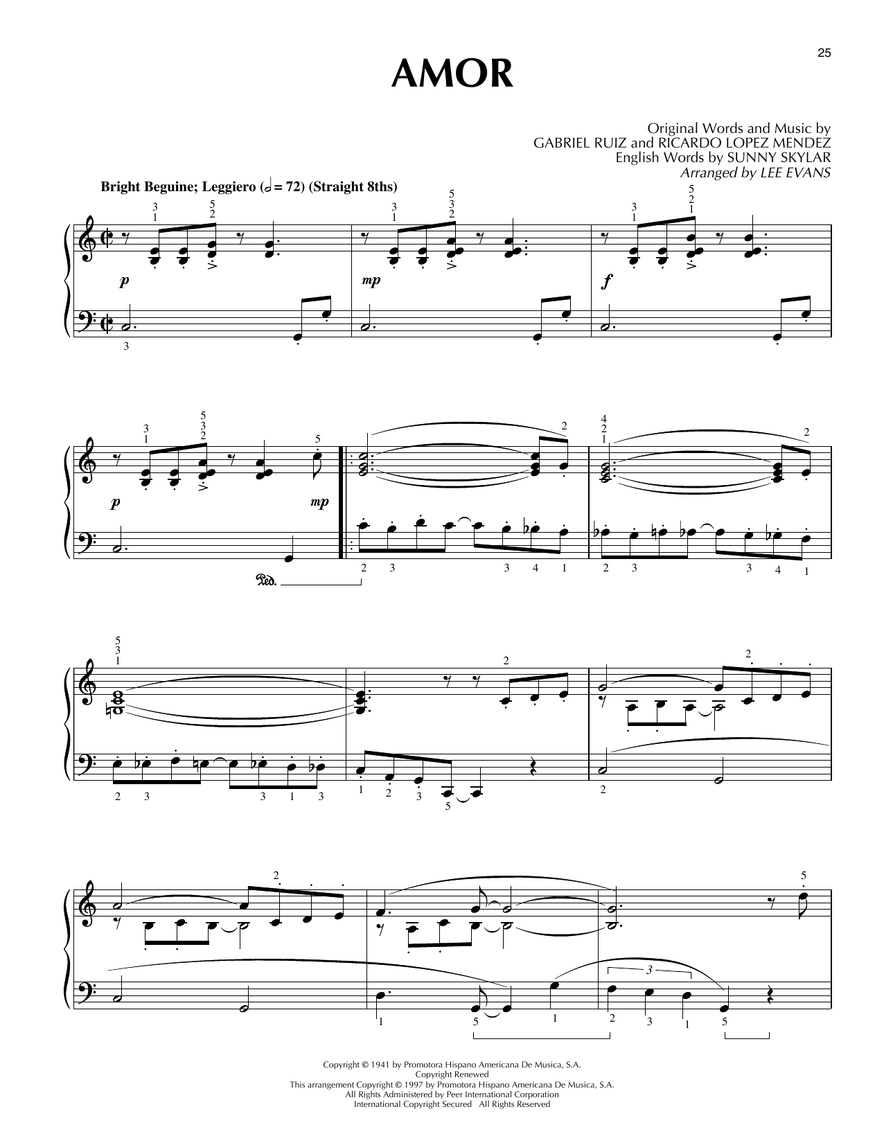 Lee Evans Amor (Amor, Amor, Amor) sheet music notes and chords arranged for Piano Solo