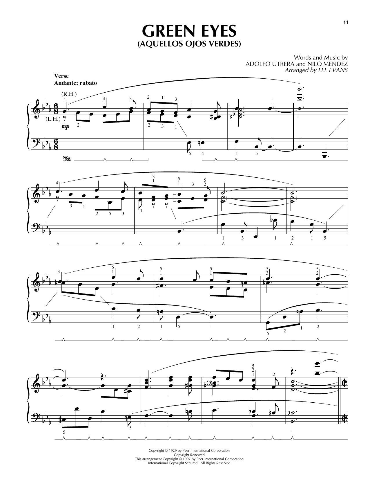 Lee Evans Aquellos Ojos Verdes (Green Eyes) sheet music notes and chords arranged for Piano Solo