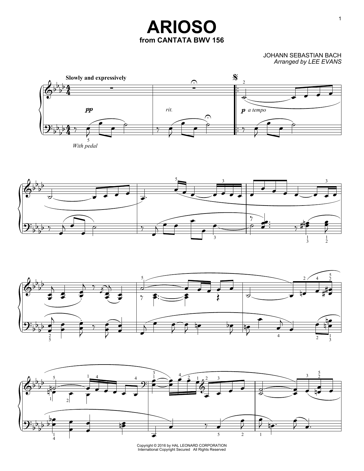 Lee Evans Arioso sheet music notes and chords arranged for Piano Solo
