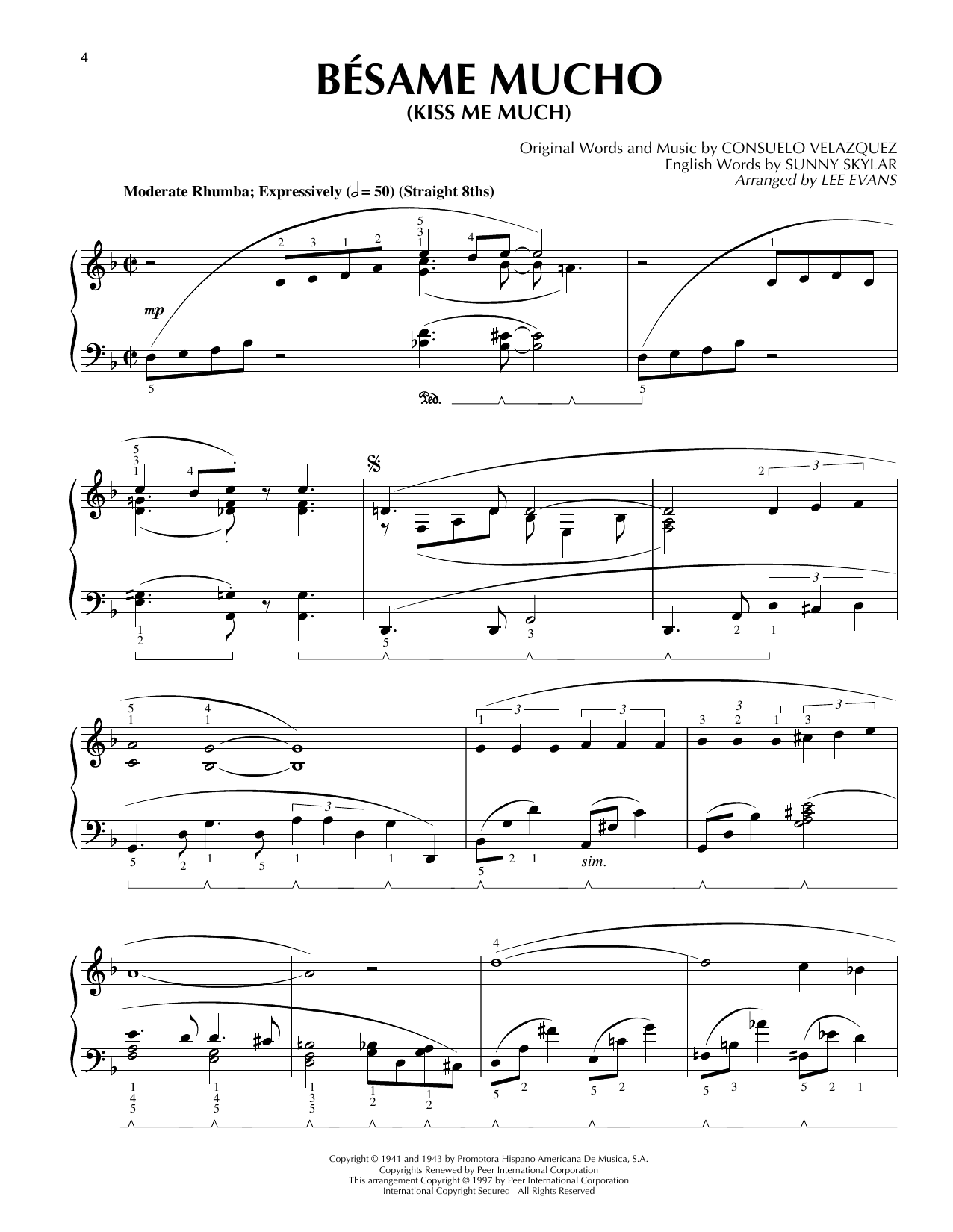 Lee Evans Bésame Mucho (Kiss Me Much) sheet music notes and chords arranged for Piano Solo