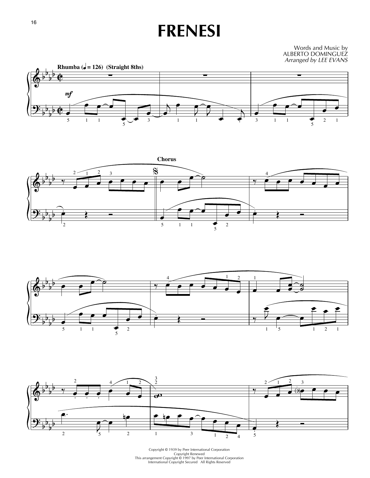 Lee Evans Frenesí sheet music notes and chords arranged for Piano Solo