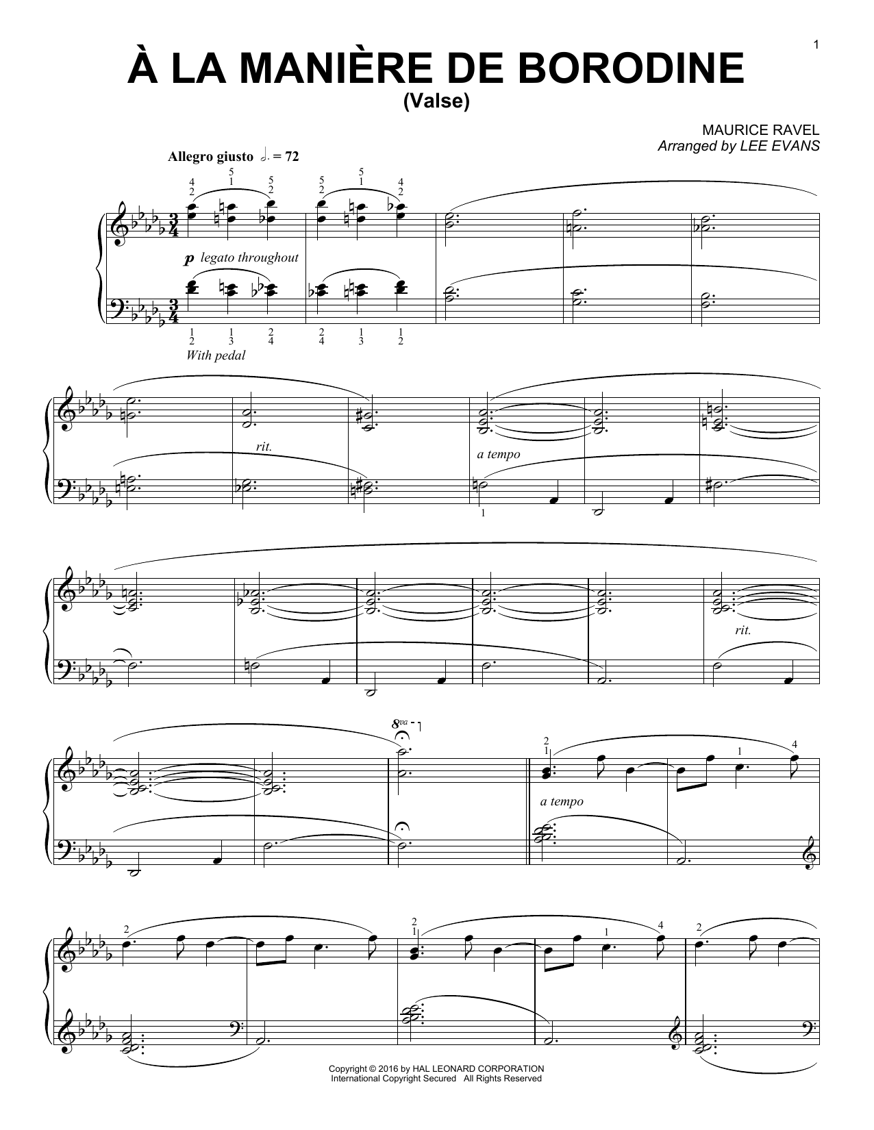 Lee Evans La Manire De Borodine (Valse) sheet music notes and chords arranged for Piano Solo