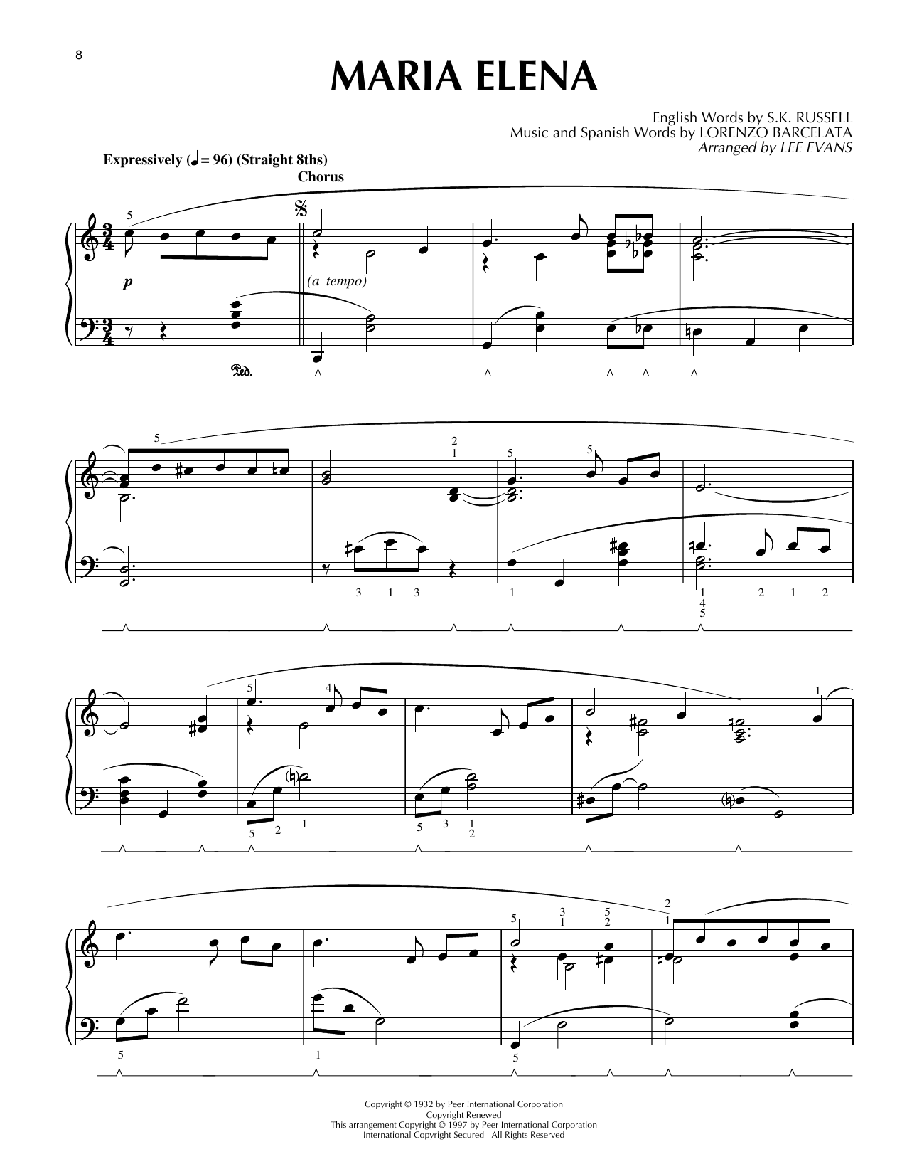 Lee Evans Maria Elena sheet music notes and chords arranged for Piano Solo
