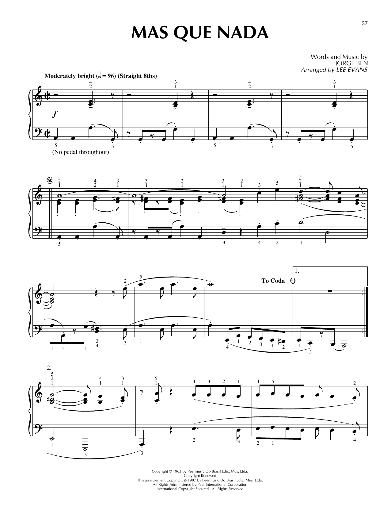 Lee Evans Mas Que Nada sheet music notes and chords arranged for Piano Solo