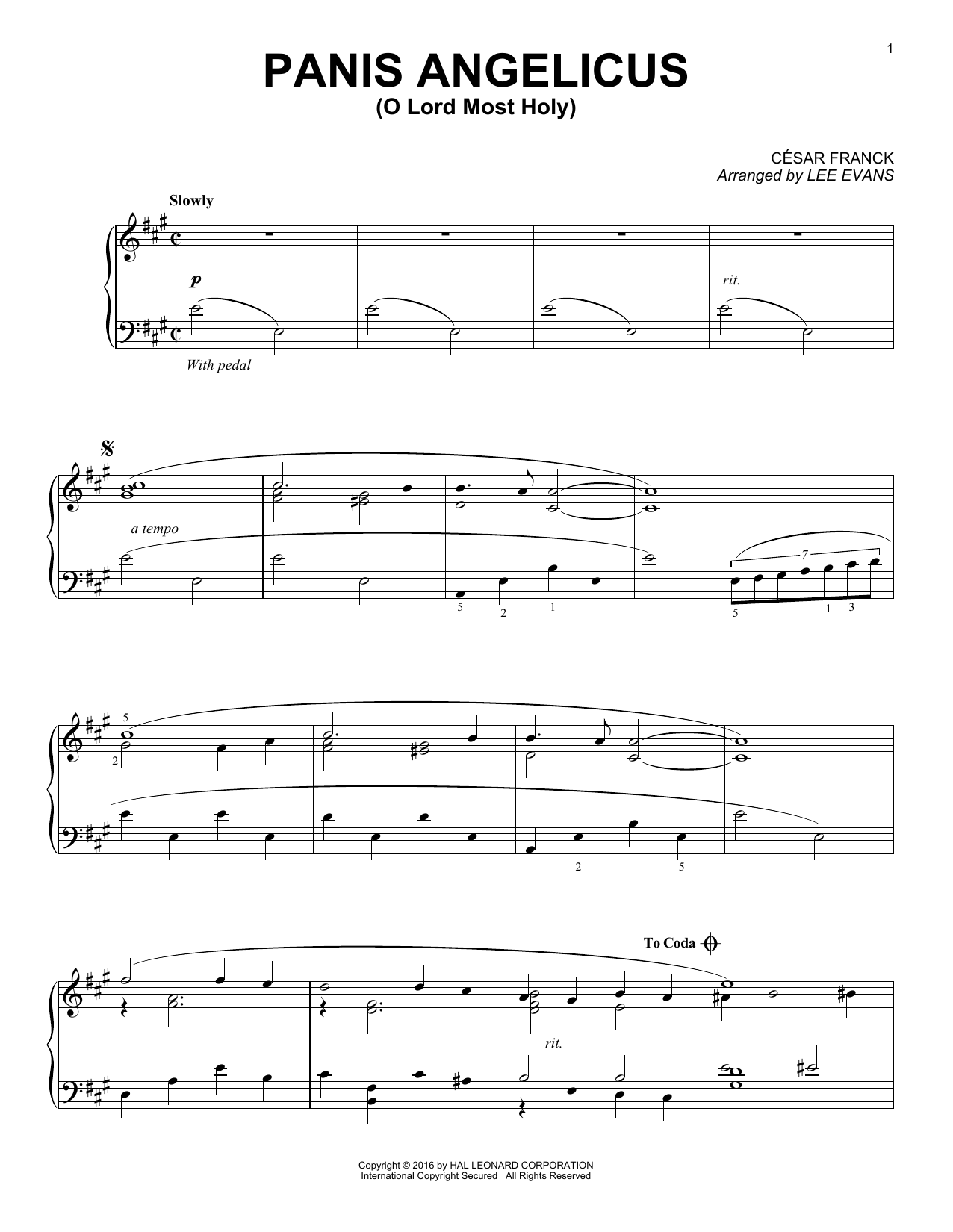 Lee Evans Panis Angelicus (O Lord Most Holy) sheet music notes and chords arranged for Piano Solo