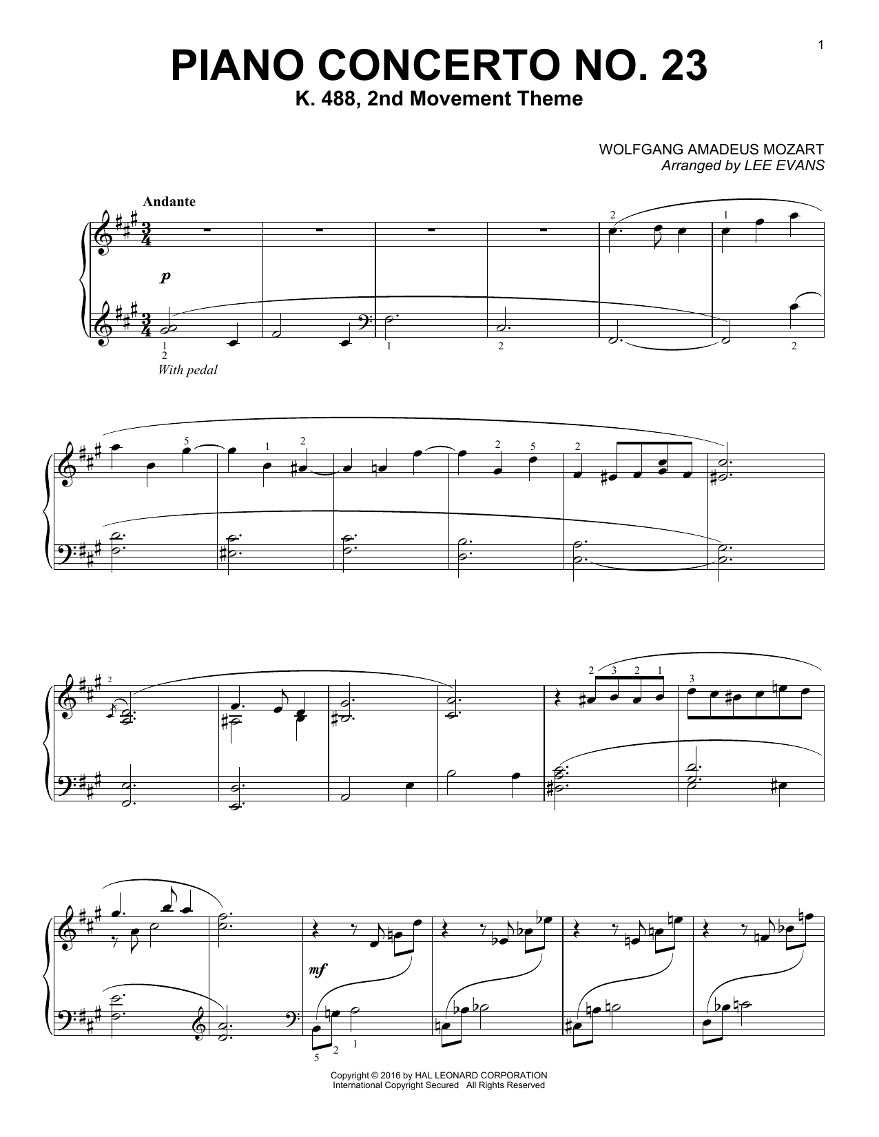 Lee Evans Piano Concerto In A Major, K.488, 2nd Movement sheet music notes and chords arranged for Piano Solo