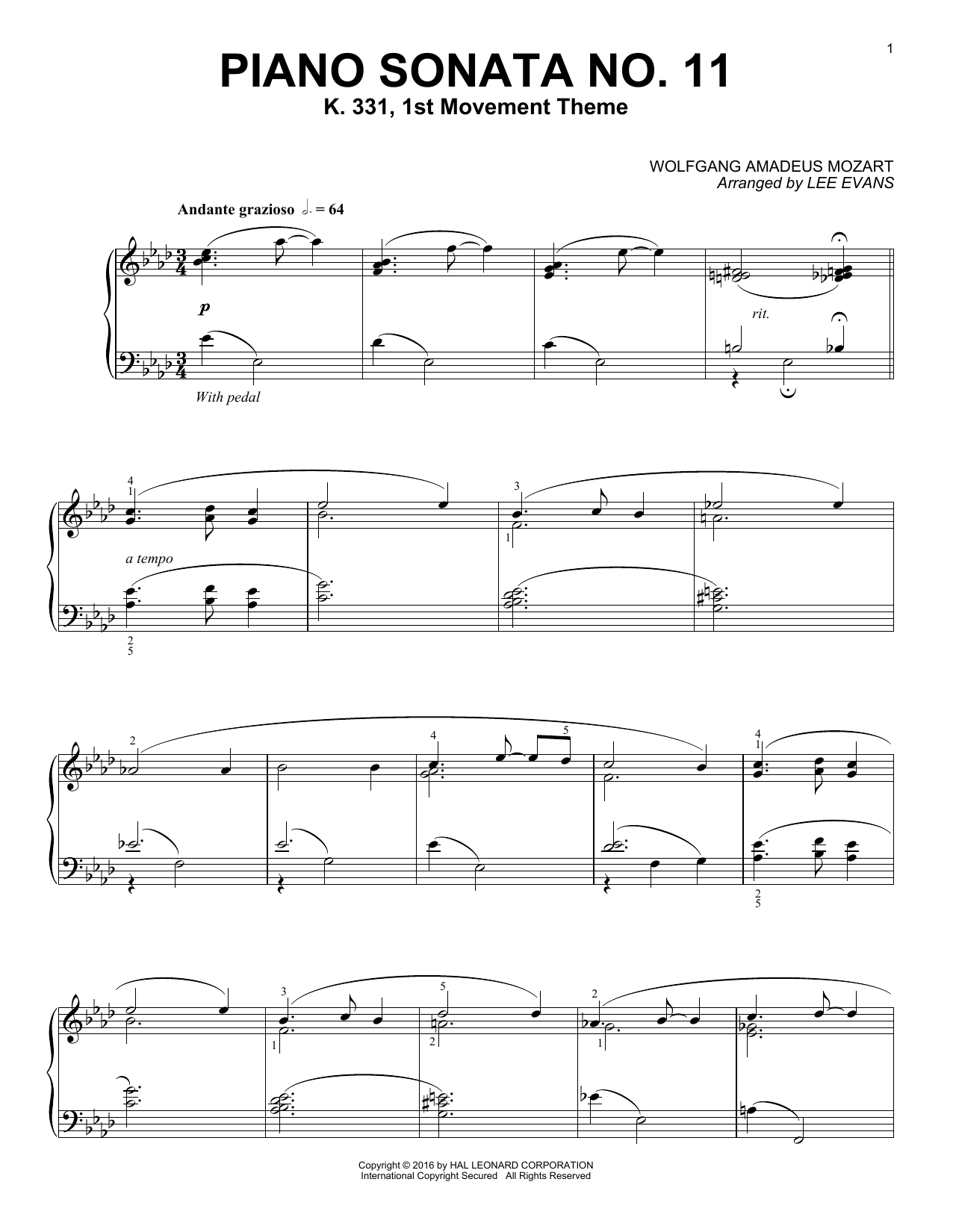 Lee Evans Piano Sonata In A Major, K.331, 1st Movement sheet music notes and chords arranged for Piano Solo