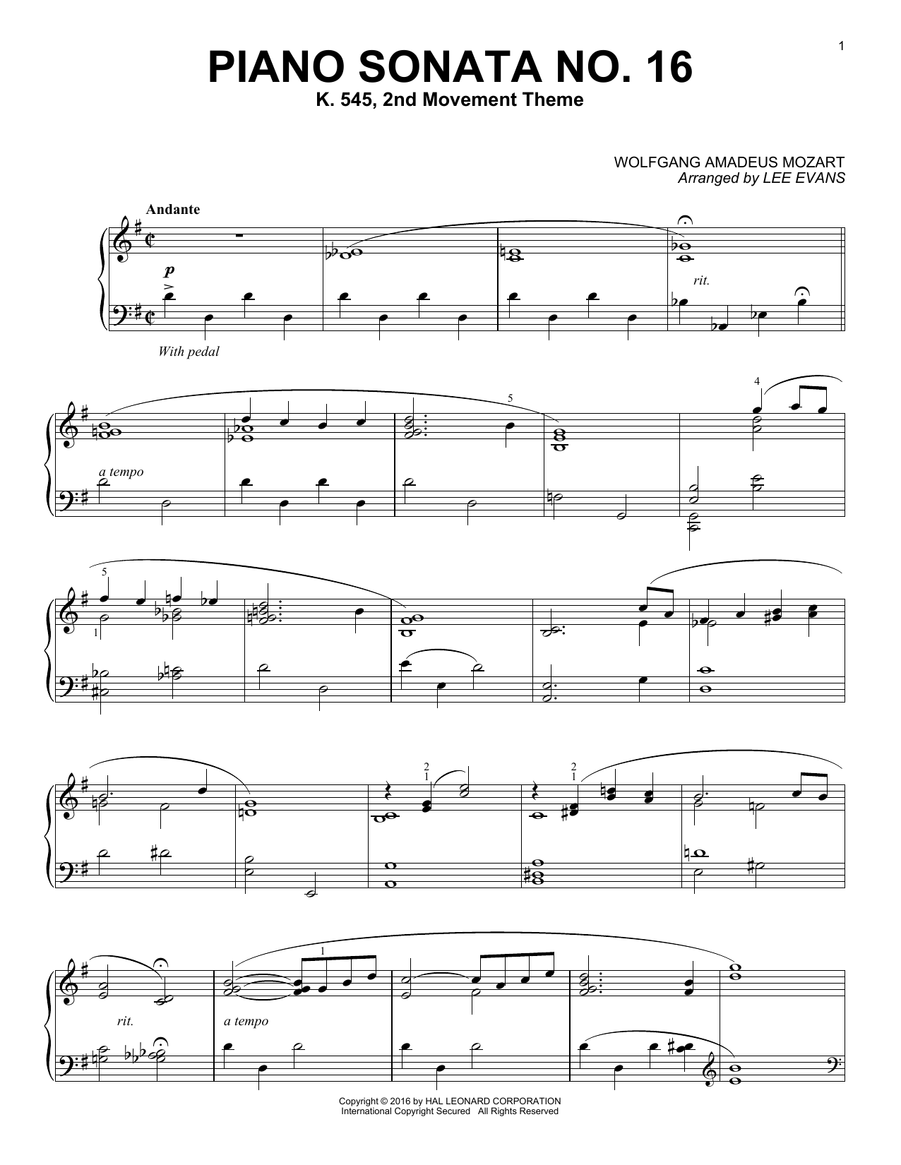Lee Evans Piano Sonata In C Major, K.545, 2nd Movement sheet music notes and chords arranged for Piano Solo