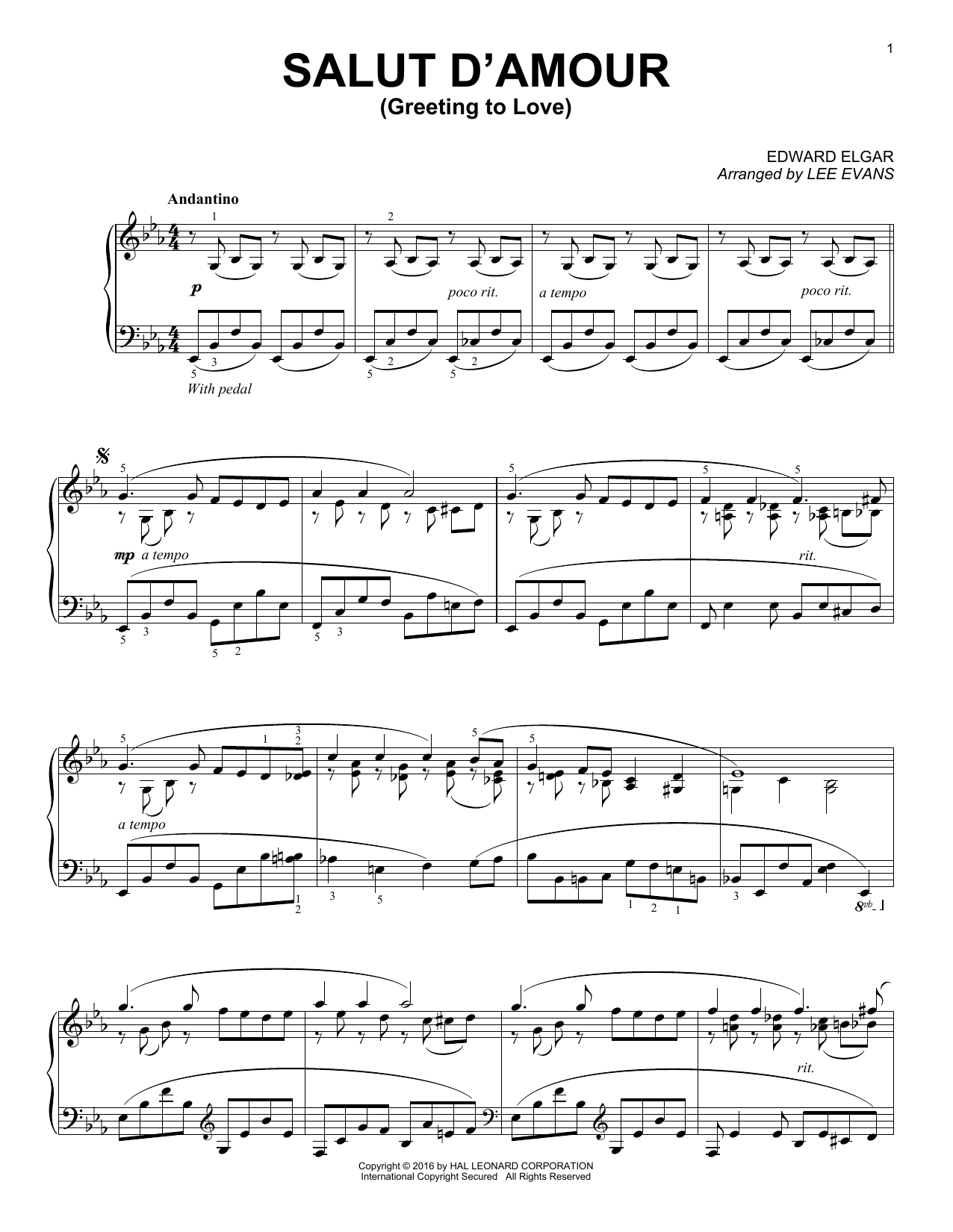 Lee Evans Salut D'amour (Greeting To Love) sheet music notes and chords arranged for Piano Solo