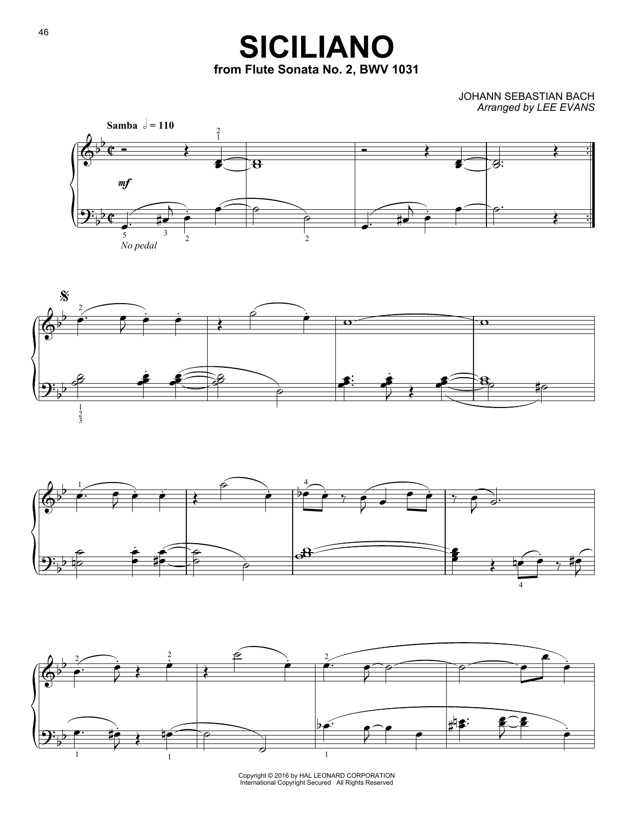 Lee Evans Siciliano sheet music notes and chords arranged for Piano Solo