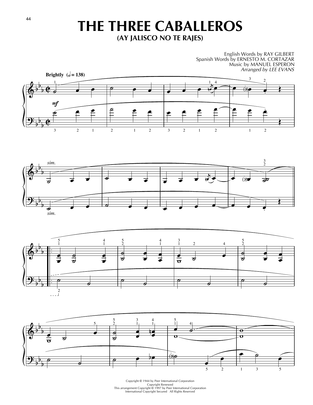 Lee Evans The Three Caballeros (Ay Jalisco No Te Rajes) sheet music notes and chords arranged for Piano Solo