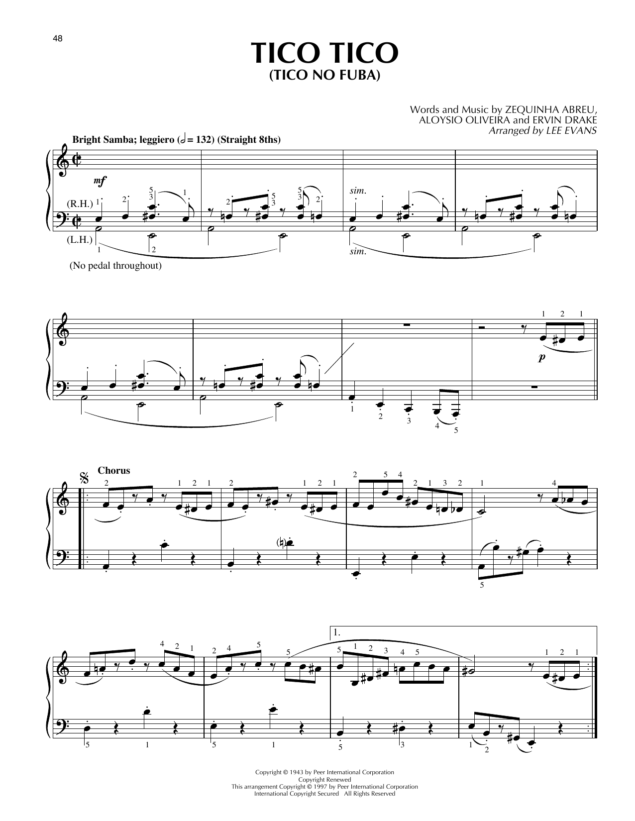 Lee Evans Tico Tico (Tico Tico No Fuba) sheet music notes and chords arranged for Piano Solo