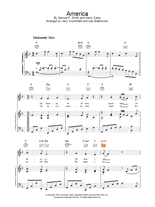 Lee Greenwood America sheet music notes and chords arranged for Piano, Vocal & Guitar Chords