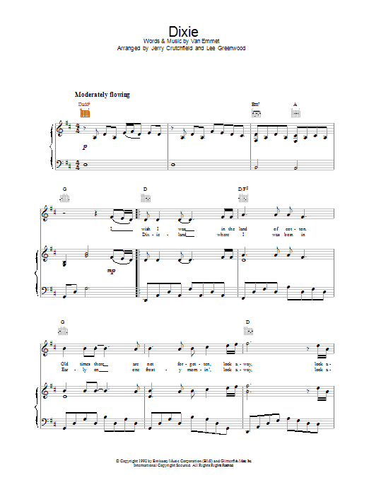 Lee Greenwood Dixie sheet music notes and chords arranged for Piano, Vocal & Guitar Chords