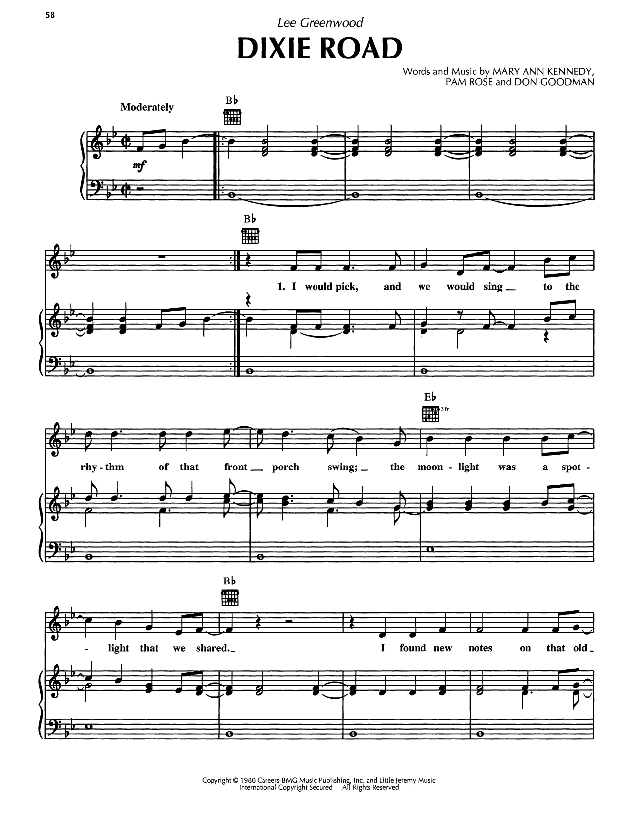 Lee Greenwood Dixie Road sheet music notes and chords arranged for Piano, Vocal & Guitar Chords (Right-Hand Melody)