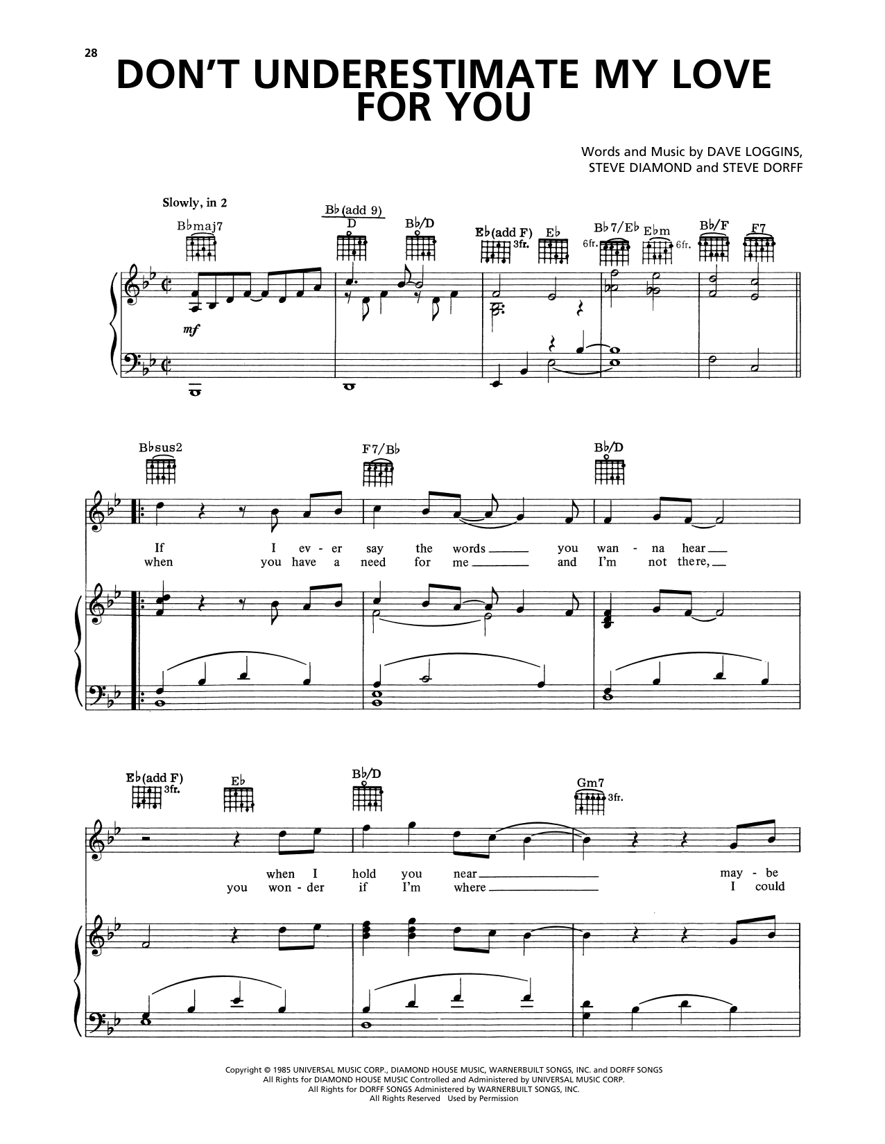 Lee Greenwood Don't Underestimate My Love For You sheet music notes and chords arranged for Piano, Vocal & Guitar Chords (Right-Hand Melody)