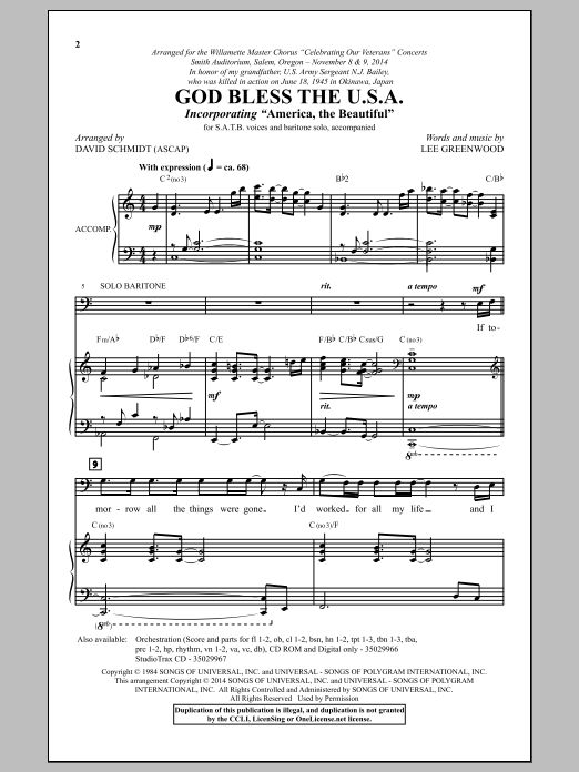 Lee Greenwood God Bless The U.S.A. (arr. David Schmidt) sheet music notes and chords arranged for SAB Choir