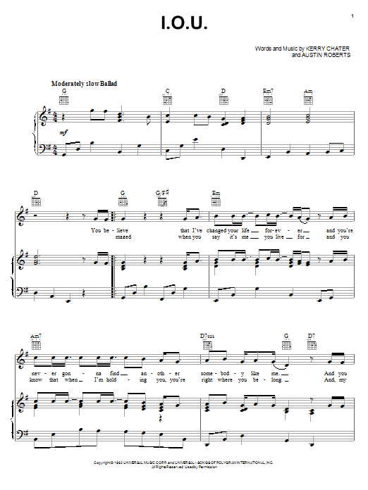 Lee Greenwood I.O.U. sheet music notes and chords arranged for Real Book – Melody, Lyrics & Chords