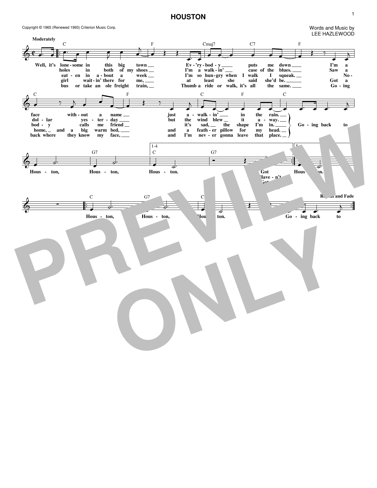 Lee Hazlewood Houston sheet music notes and chords arranged for Lead Sheet / Fake Book