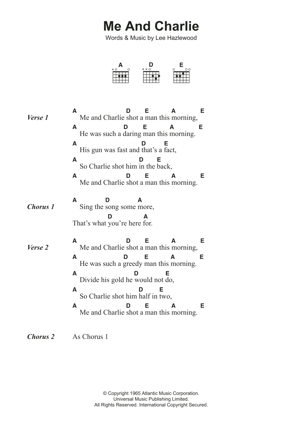 Lee Hazlewood Me And Charlie sheet music notes and chords arranged for Guitar Chords/Lyrics
