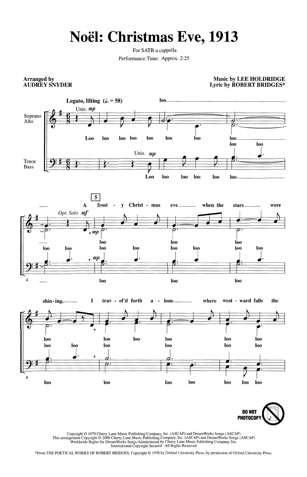 Lee Holdridge Noel: Christmas Eve, 1913 (arr. Audrey Snyder) sheet music notes and chords arranged for SATB Choir