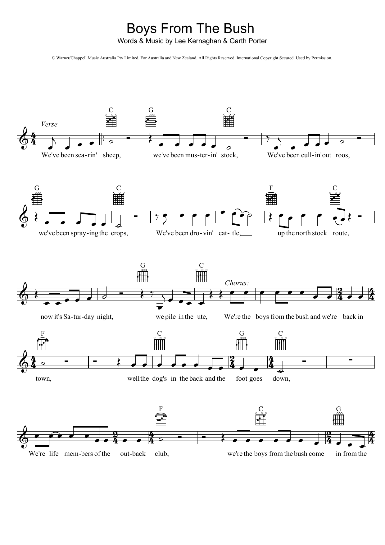 Lee Kernaghan Boys From The Bush sheet music notes and chords arranged for Lead Sheet / Fake Book