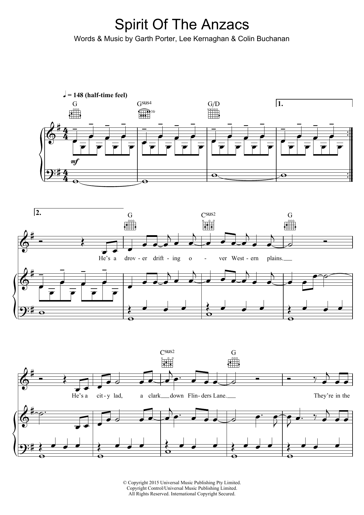 Lee Kernaghan Spirit Of The Anzacs sheet music notes and chords arranged for Piano, Vocal & Guitar Chords