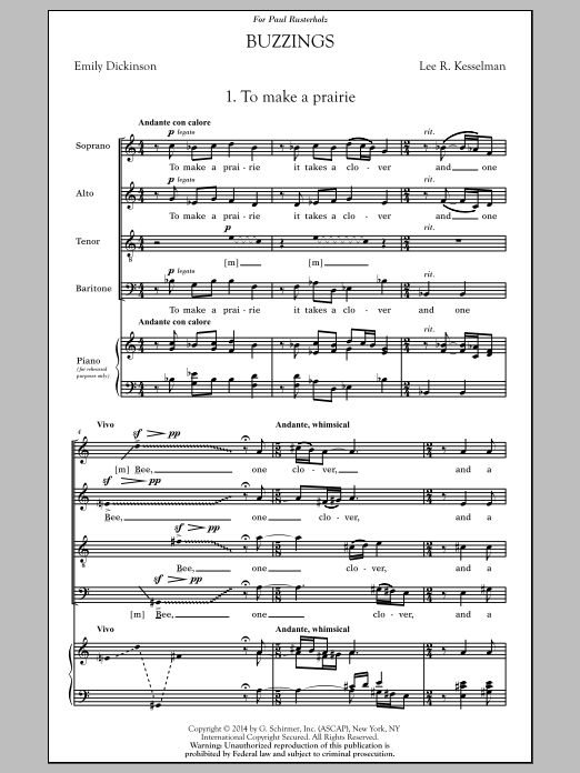 Lee Kesselman Buzzings sheet music notes and chords arranged for SATB Choir