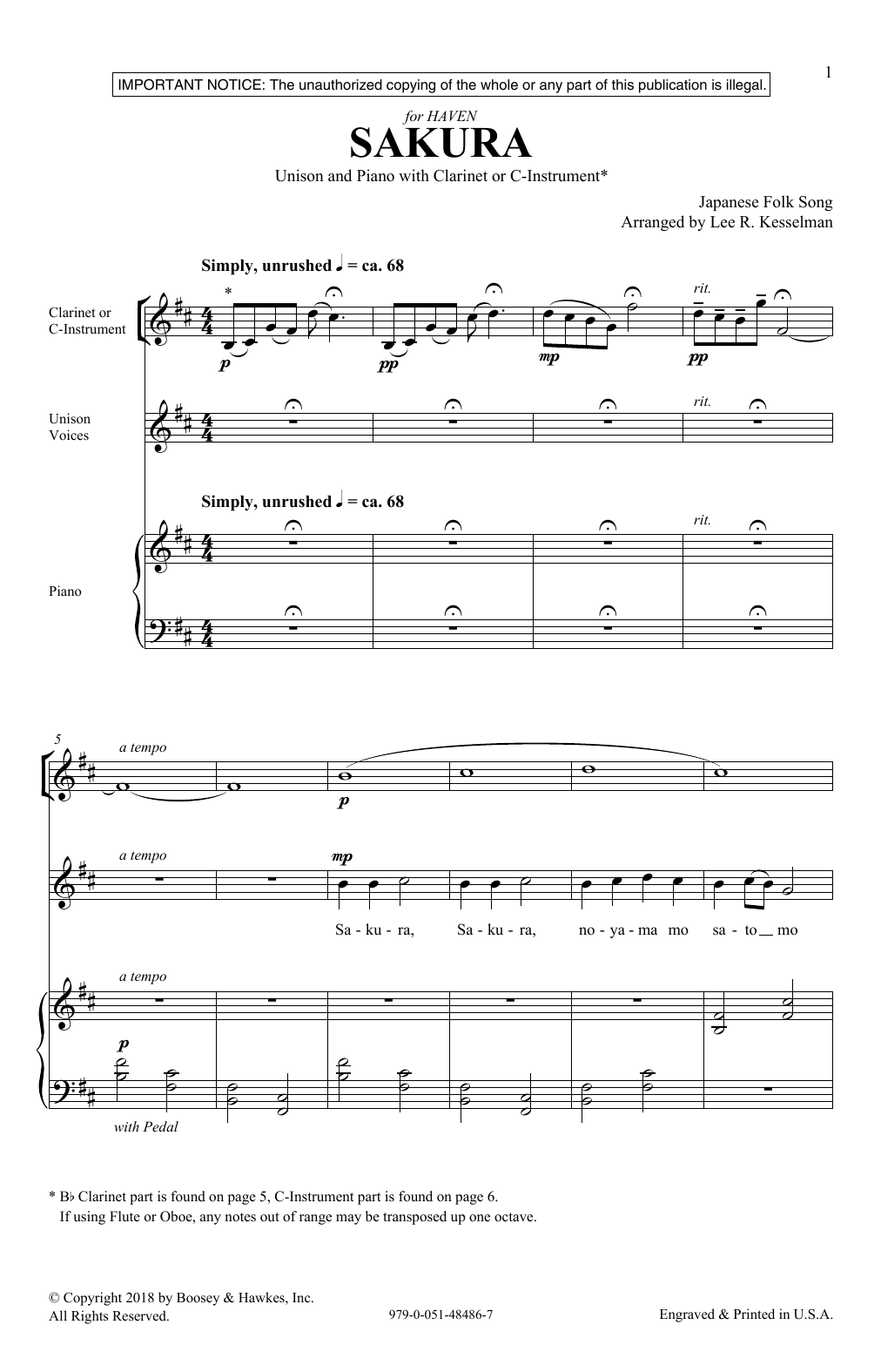 Lee Kesselman Sakura sheet music notes and chords arranged for Unison Choir