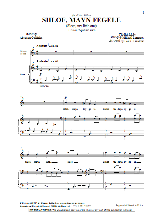 Lee Kesselman Shlof, Mayn Fegele (Sleep, My Little One) sheet music notes and chords arranged for Unison Choir