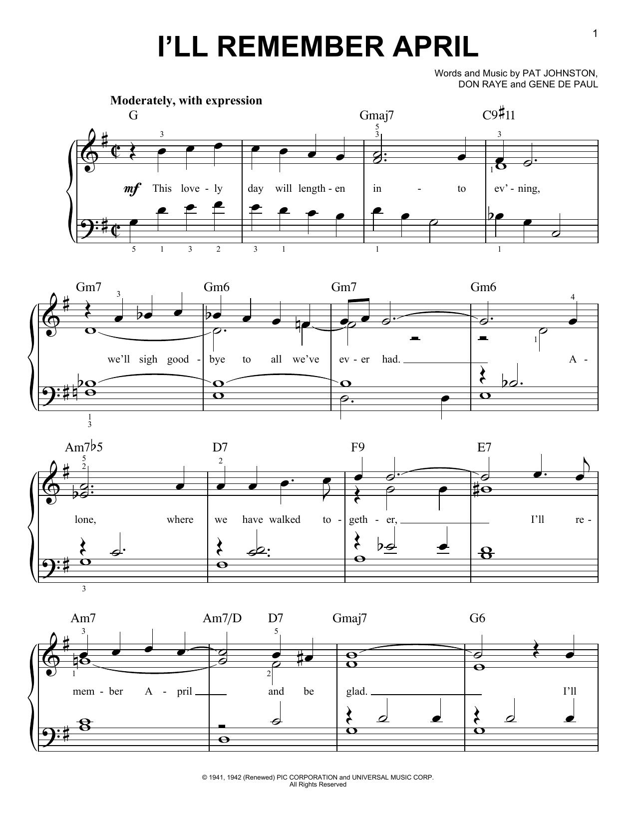 Lee Konitz I'll Remember April sheet music notes and chords arranged for Easy Piano