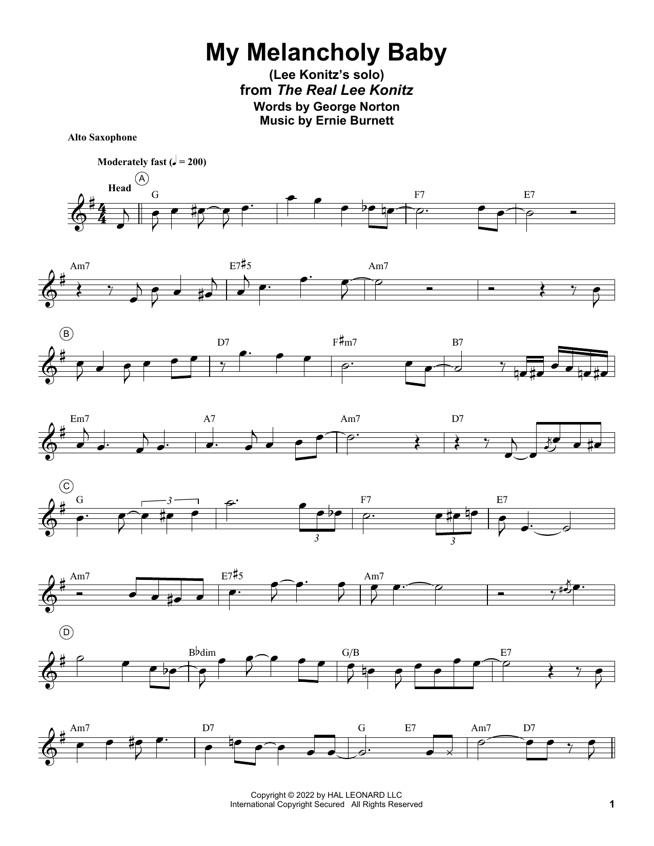 Lee Konitz My Melancholy Baby sheet music notes and chords arranged for Alto Sax Transcription