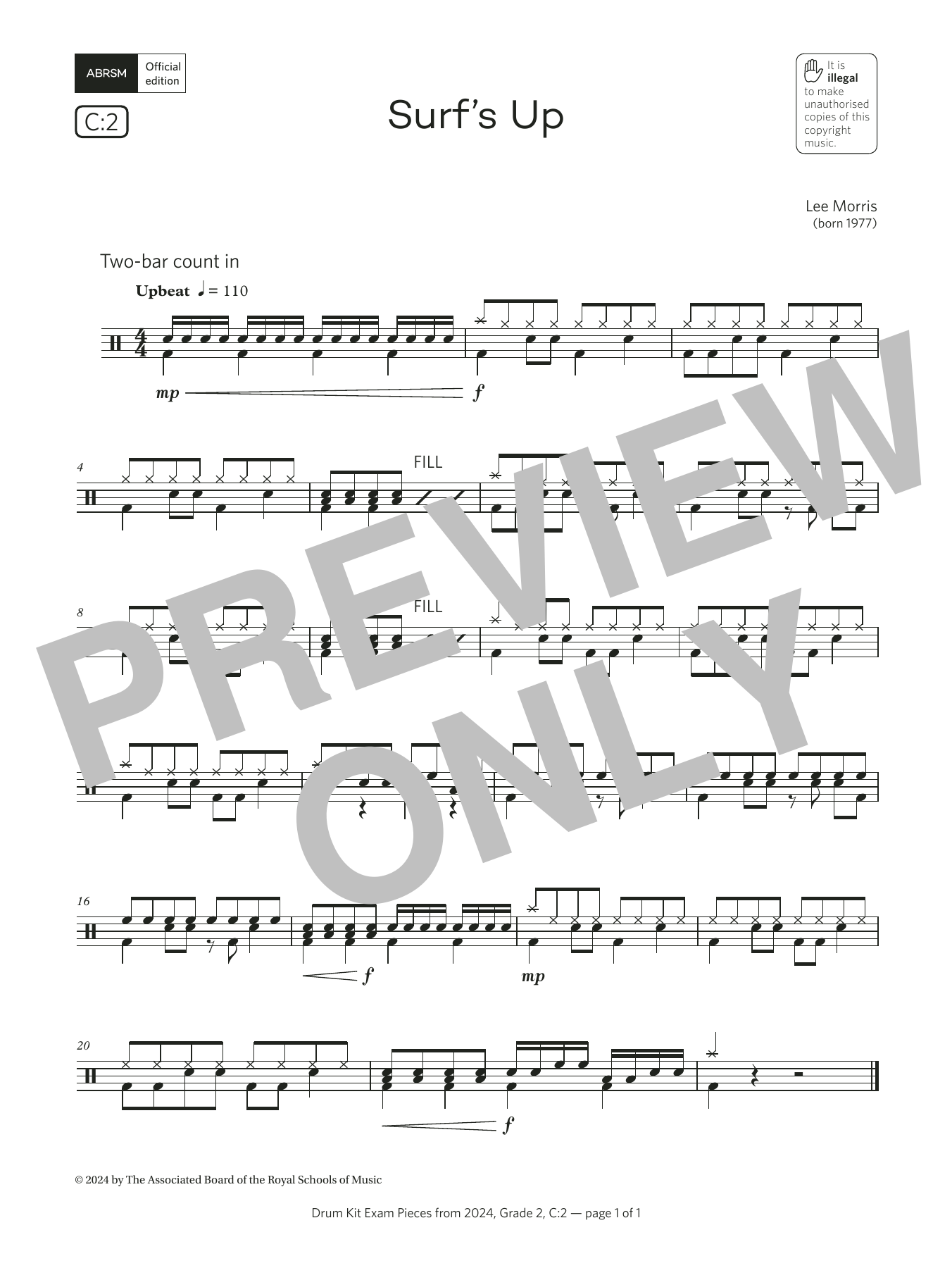 Lee Morris Surf's Up (Grade 2, list C2, from the ABRSM Drum Kit Syllabus 2024) sheet music notes and chords arranged for Drums