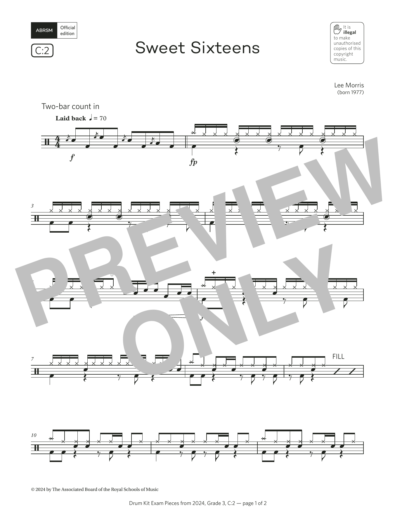 Lee Morris Sweet Sixteens (Grade 3, list C2, from the ABRSM Drum Kit Syllabus 2024) sheet music notes and chords arranged for Drums