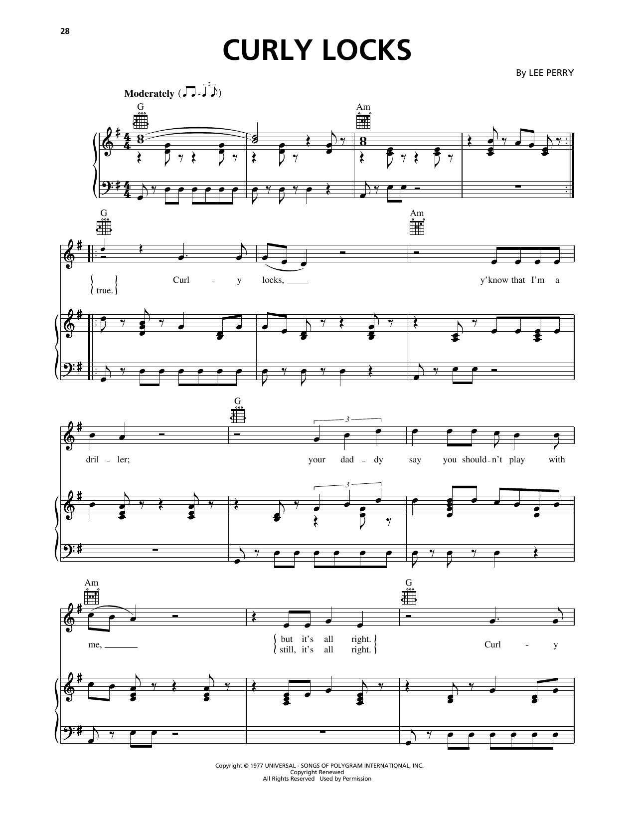 Lee Perry Curly Locks sheet music notes and chords arranged for Piano, Vocal & Guitar Chords (Right-Hand Melody)