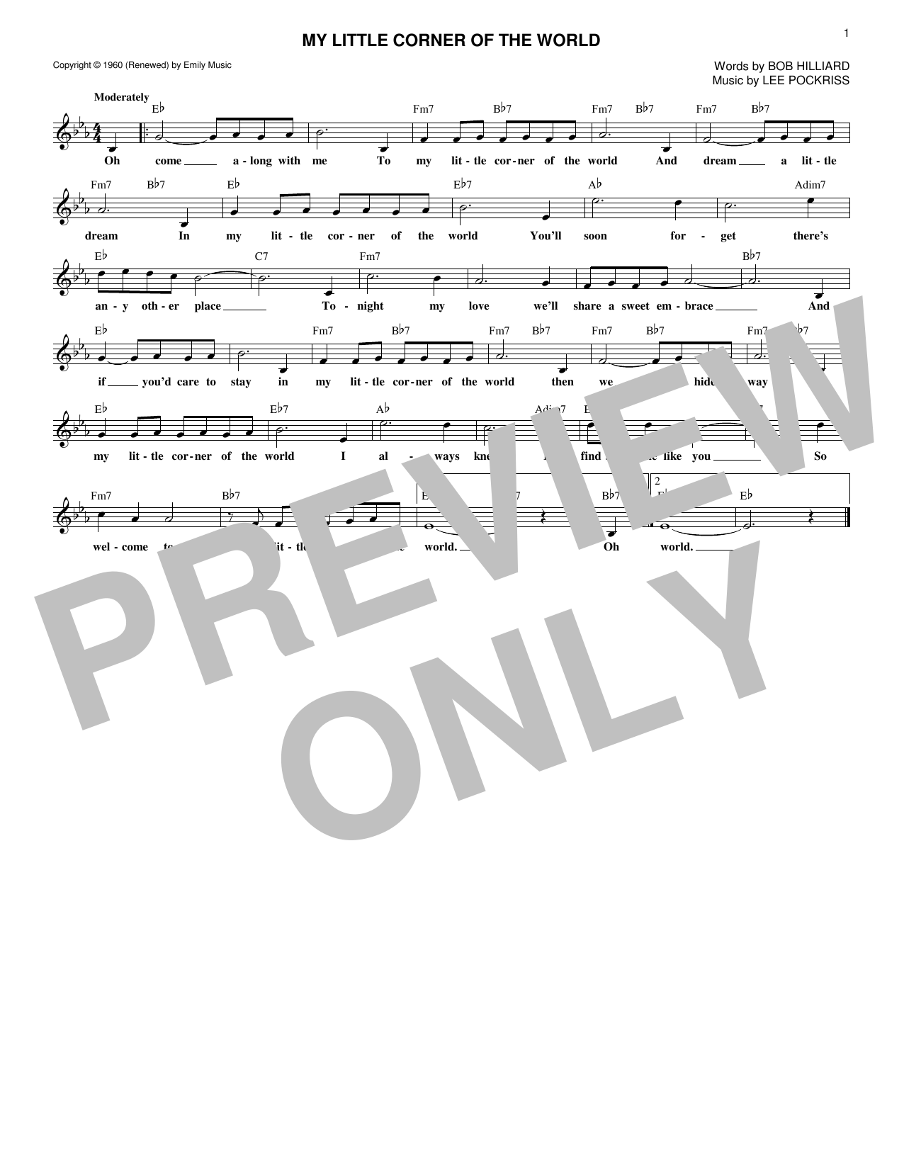 Lee Pockriss My Little Corner Of The World sheet music notes and chords arranged for Lead Sheet / Fake Book