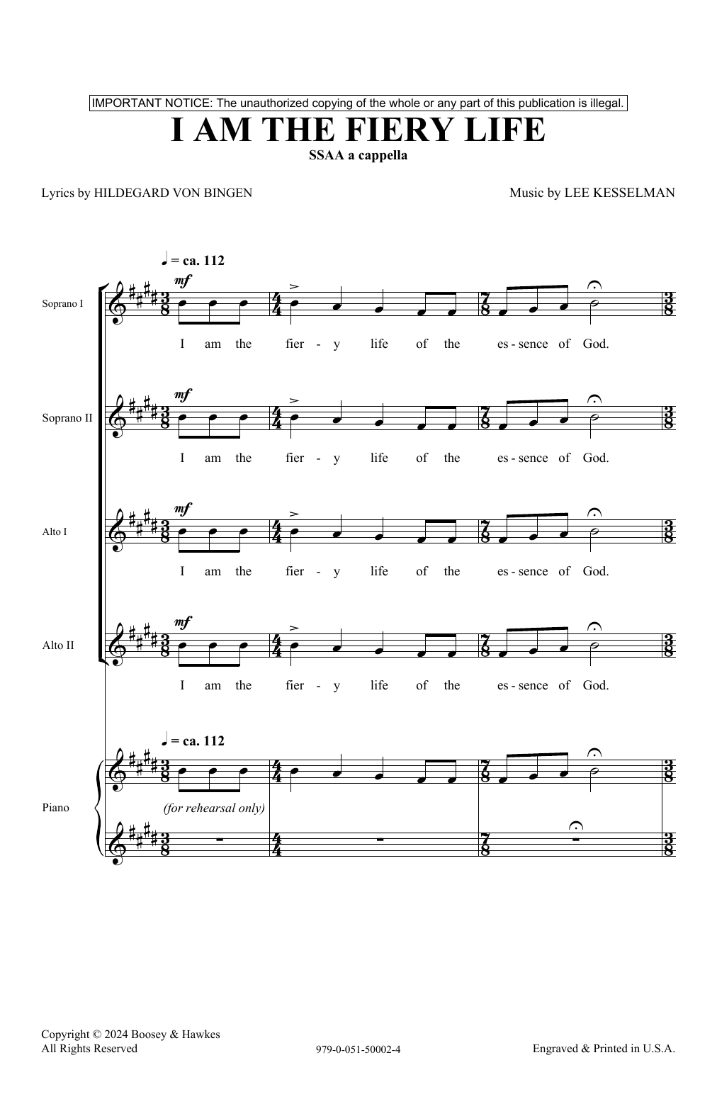 Lee R. Kesselman I Am The Fiery Life sheet music notes and chords arranged for SSAA Choir