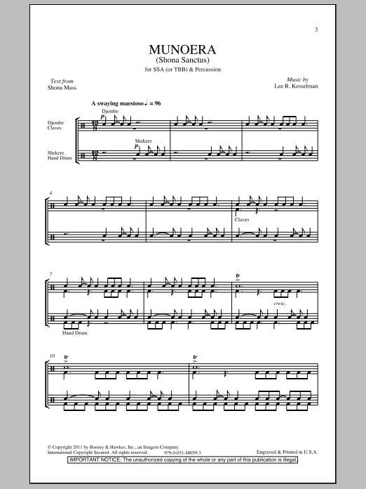 Lee R. Kesselman Munoera (Sanctus From The Shona Mass) sheet music notes and chords arranged for SSA Choir