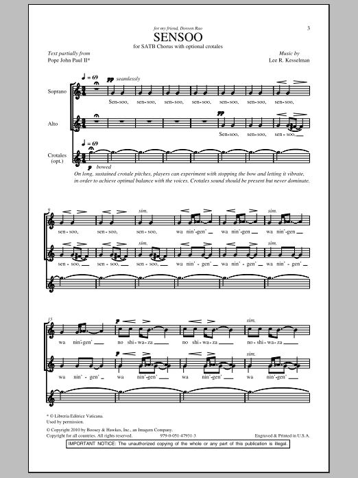 Lee R. Kesselman Sensoo sheet music notes and chords arranged for SATB Choir